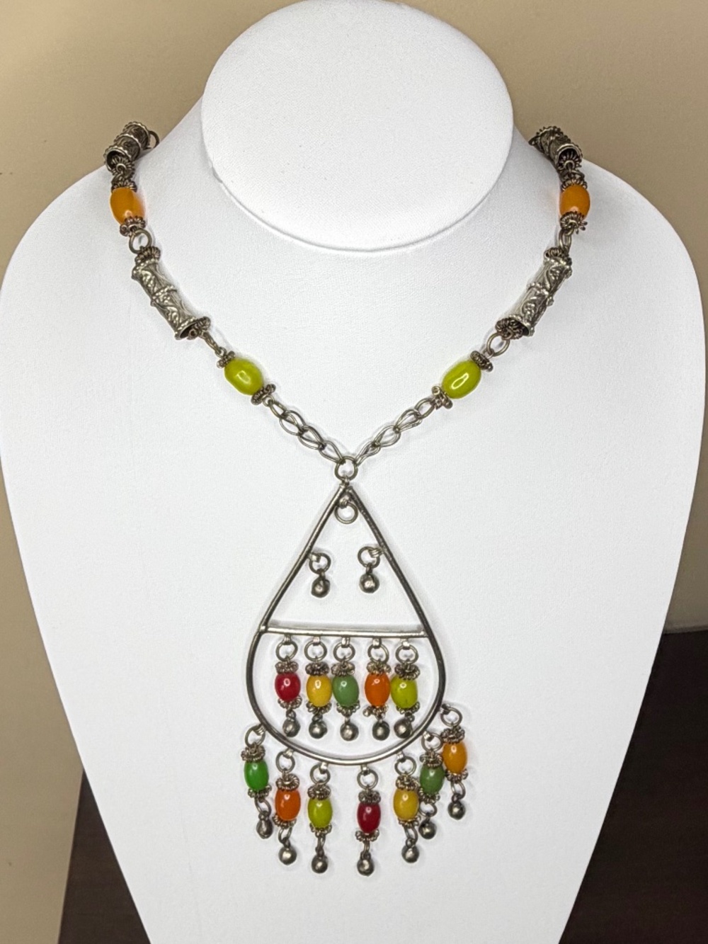 Vintage Silver Tone Beaded Station Necklace w/Windchime Pendant 15" Drop